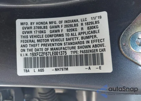 2020 Honda Civic Lx from USA, damaged, VIN 19XFC2F67LE001375